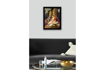 Inramad Canvastavla i trä - 41x56 cm - Naken kvinna sittande med blommor och frukter i en naturskön miljö - Hudton / Grön / Röd - Inredning - Tavlor & posters - Canvastavla