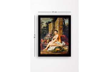 Inramad Canvastavla i trä - 41x56 cm - Naken kvinna sittande med blommor och frukter i en naturskön miljö - Hudton / Grön / Röd - Inredning - Tavlor & posters - Canvastavla