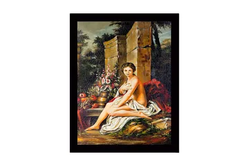 Inramad Canvastavla i trä - 41x56 cm - Naken kvinna sittande med blommor och frukter i en naturskön miljö - Hudton / Grön / Röd - Inredning - Tavlor & posters - Canvastavla