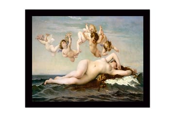 Inramad Canvastavla i trä - 41x56 cm - Naken kvinna som vilar på havets vågor omgiven av änglar - Hudton / Himmelsblå / Havsgrön - Inredning - Tavlor & posters - Canvastavla