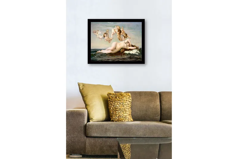 Inramad Canvastavla i trä - 41x56 cm - Naken kvinna som vilar på havets vågor omgiven av änglar - Hudton / Himmelsblå / Havsgrön - Inredning - Tavlor & posters - Canvastavla