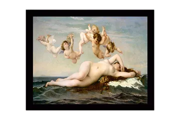 Inramad Canvastavla i trä - 41x56 cm - Naken kvinna som vilar på havets vågor omgiven av änglar - Hudton / Himmelsblå / Havsgrön - Inredning - Tavlor & posters - Canvastavla