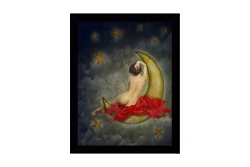 Inramad Canvastavla i trä - 41x56 cm - Naken kvinna som vilar på en halvmåne omgiven av stjärnor - Guld / Röd / Grå - Inredning - Tavlor & posters - Canvastavla