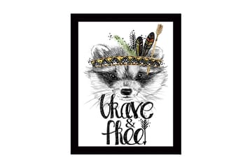 Inramad Canvastavla i trä - 41x56 cm - Räv med fjädrar och en dekorativ huvudbonad - Svart / Guld / Vit - Inredning - Tavlor & posters - Canvastavla