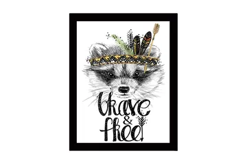 Inramad Canvastavla i trä - 41x56 cm - Räv med fjädrar och en dekorativ huvudbonad - Svart / Guld / Vit - Inredning - Tavlor & posters - Canvastavla