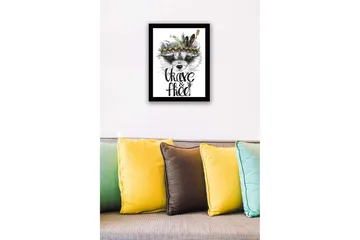 Inramad Canvastavla i trä - 41x56 cm - Räv med fjädrar och en dekorativ huvudbonad - Svart / Guld / Vit - Inredning - Tavlor & posters - Canvastavla