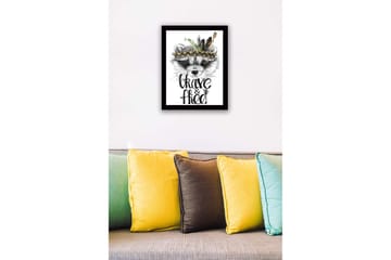 Inramad Canvastavla i trä - 41x56 cm - Räv med fjädrar och en dekorativ huvudbonad - Svart / Guld / Vit - Inredning - Tavlor & posters - Canvastavla