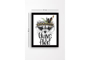 Inramad Canvastavla i trä - 41x56 cm - Räv med fjädrar och en dekorativ huvudbonad - Svart / Guld / Vit - Inredning - Tavlor & posters - Canvastavla