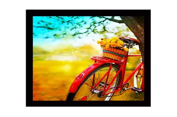 Inramad Canvastavla i trä - 41x56 cm - Röd cykel med en korg fylld av blommor - Röd / Gul / Grön - Inredning - Tavlor & posters - Canvastavla