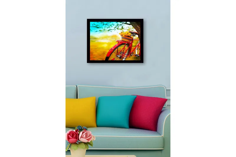 Inramad Canvastavla i trä - 41x56 cm - Röd cykel med en korg fylld av blommor - Röd / Gul / Grön - Inredning - Tavlor & posters - Canvastavla