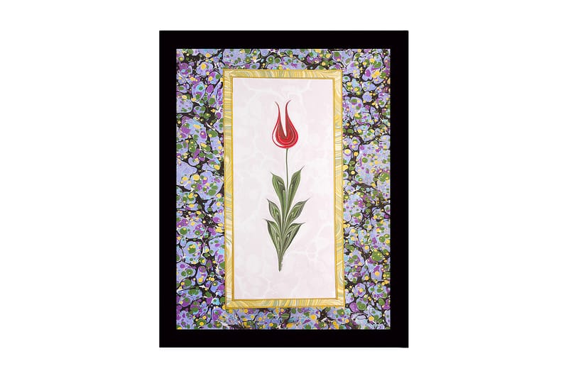 Inramad Canvastavla i trä - 41x56 cm - Röd tulpan med gröna blad på en ljus bakgrund, Röd / Grön / Lila