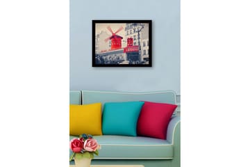 Inramad Canvastavla i trä - 41x56 cm - Röd vindmöll med neonljus vid Moulin Rouge - Röd / Svart / Grå - Inredning - Tavlor & posters - Canvastavla