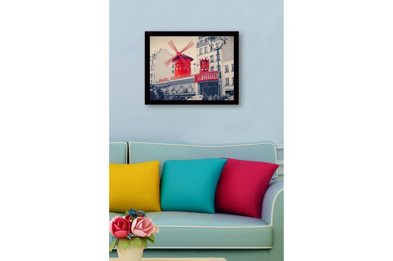 Inramad Canvastavla i trä - 41x56 cm - Röd vindmöll med neonljus vid Moulin Rouge - Röd / Svart / Grå - Inredning - Tavlor & posters - Canvastavla