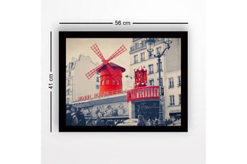 Inramad Canvastavla i trä - 41x56 cm - Röd vindmöll med neonljus vid Moulin Rouge - Röd / Svart / Grå - Inredning - Tavlor & posters - Canvastavla