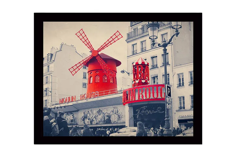 Inramad Canvastavla i trä - 41x56 cm - Röd vindmöll med neonljus vid Moulin Rouge, Röd / Svart / Grå