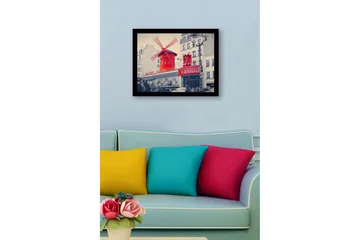 Inramad Canvastavla i trä - 41x56 cm - Röd vindmöll med neonljus vid Moulin Rouge - Röd / Svart / Grå - Inredning - Tavlor & posters - Canvastavla