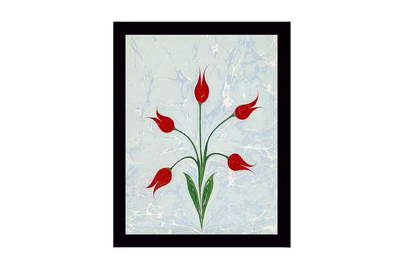 Inramad Canvastavla i trä - 41x56 cm - Röda tulpaner med gröna stjälkar på en ljusblå bakgrund, Röd / Grön / Ljusblå