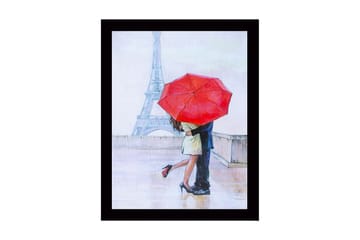 Inramad Canvastavla i trä - 41x56 cm - Romantisk kyss under ett rött paraply i Paris - Röd / Beige / Blå - Inredning - Tavlor & posters - Canvastavla