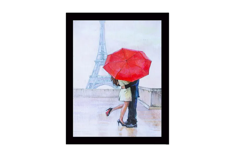 Inramad Canvastavla i trä - 41x56 cm - Romantisk kyss under ett rött paraply i Paris, Röd / Beige / Blå