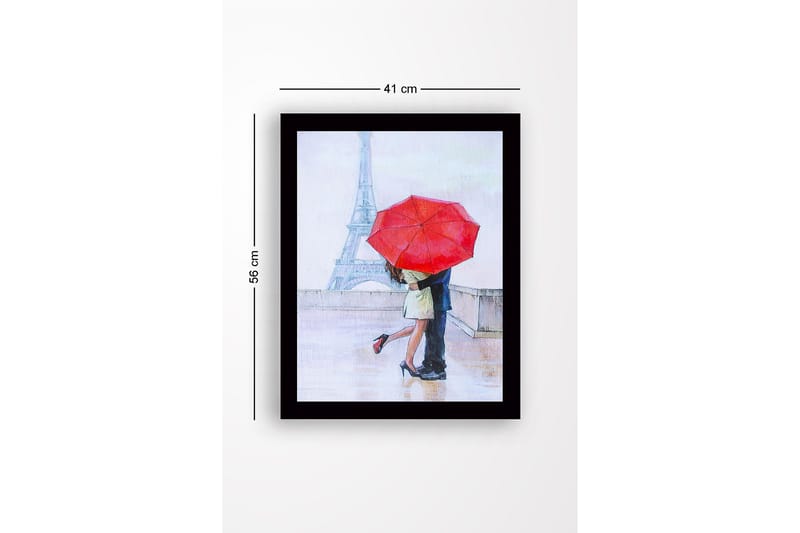 Inramad Canvastavla i trä - 41x56 cm - Romantisk kyss under ett rött paraply i Paris - Röd / Beige / Blå - Inredning - Tavlor & posters - Canvastavla