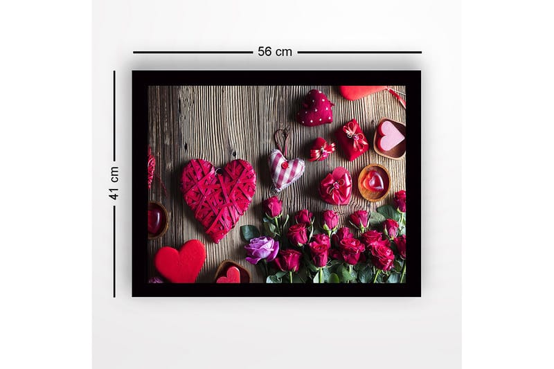 Inramad Canvastavla i trä - 41x56 cm - Romantisk samling av hjärtformade dekorationer och rosor - Röd / Rosa / Grön - Inredning - Tavlor & posters - Canvastavla
