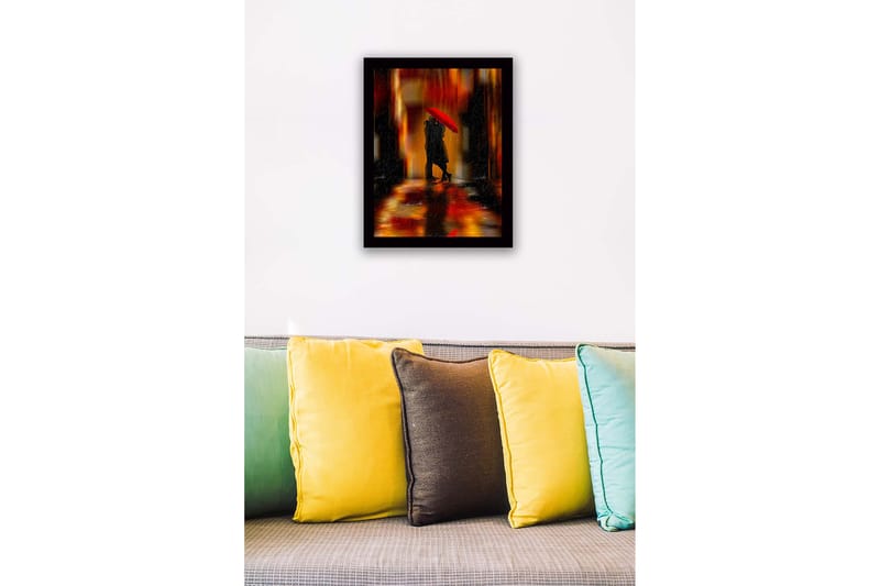Inramad Canvastavla i trä - 41x56 cm - Romantisk scen med par under ett rött paraply - Röd / Orange / Svart - Inredning - Tavlor & posters - Canvastavla