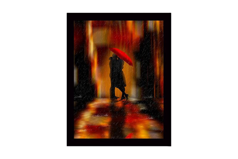 Inramad Canvastavla i trä - 41x56 cm - Romantisk scen med par under ett rött paraply, Röd / Orange / Svart