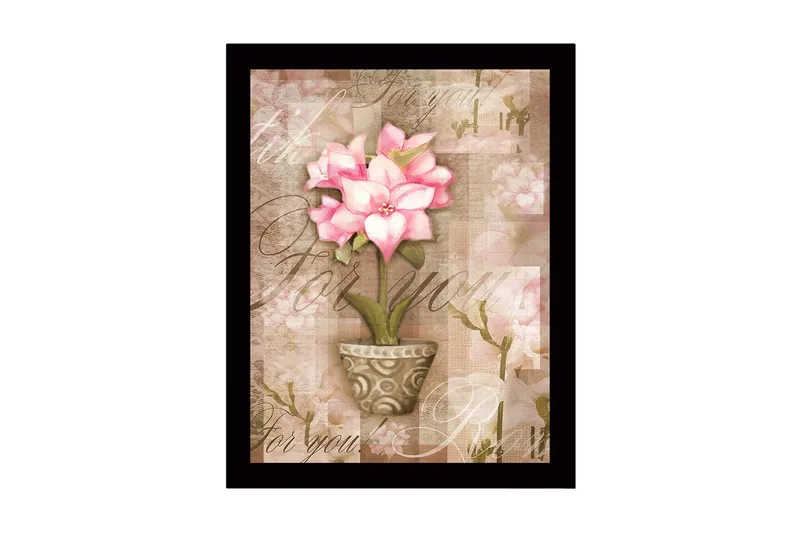 Inramad Canvastavla i trä - 41x56 cm - Rosa blomma i kruka med mjuka bakgrundstoner, Rosa / Beige / Grön