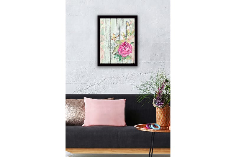 Inramad Canvastavla i trä - 41x56 cm - Rosa blomma med fjärilar på en träbakgrund - Rosa / Grön / Beige - Inredning - Tavlor & posters - Canvastavla