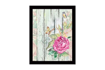 Inramad Canvastavla i trä - 41x56 cm - Rosa blomma med fjärilar på en träbakgrund - Rosa / Grön / Beige - Inredning - Tavlor & posters - Canvastavla