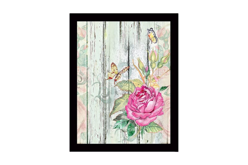 Inramad Canvastavla i trä - 41x56 cm - Rosa blomma med fjärilar på en träbakgrund, Rosa / Grön / Beige
