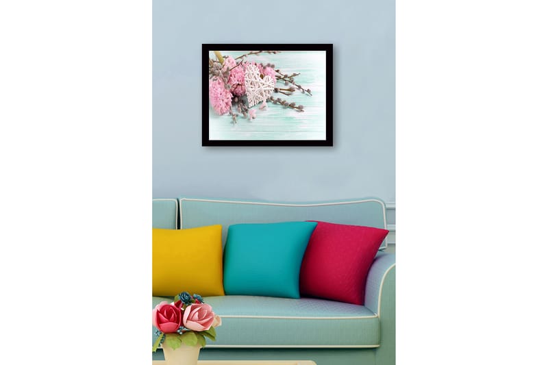 Inramad Canvastavla i trä - 41x56 cm - Rosa blommor med ett vitt hjärta och gråa kvistar - Rosa / Vitt / Grått - Inredning - Tavlor & posters - Canvastavla