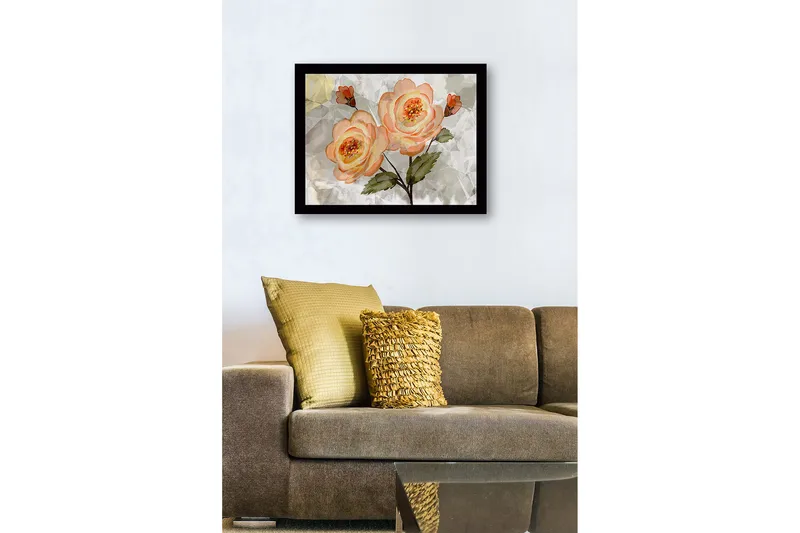 Inramad Canvastavla i trä - 41x56 cm - Rosa blommor med gröna blad - Ljusrosa / Grön / Beige - Inredning - Tavlor & posters - Canvastavla