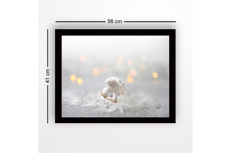 Inramad Canvastavla i trä - 41x56 cm - Söt ängel som vilar i en fjäderbädd - Vit / Ljusgrå / Guld - Inredning - Tavlor & posters - Canvastavla