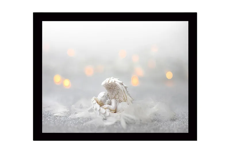 Inramad Canvastavla i trä - 41x56 cm - Söt ängel som vilar i en fjäderbädd, Vit / Ljusgrå / Guld