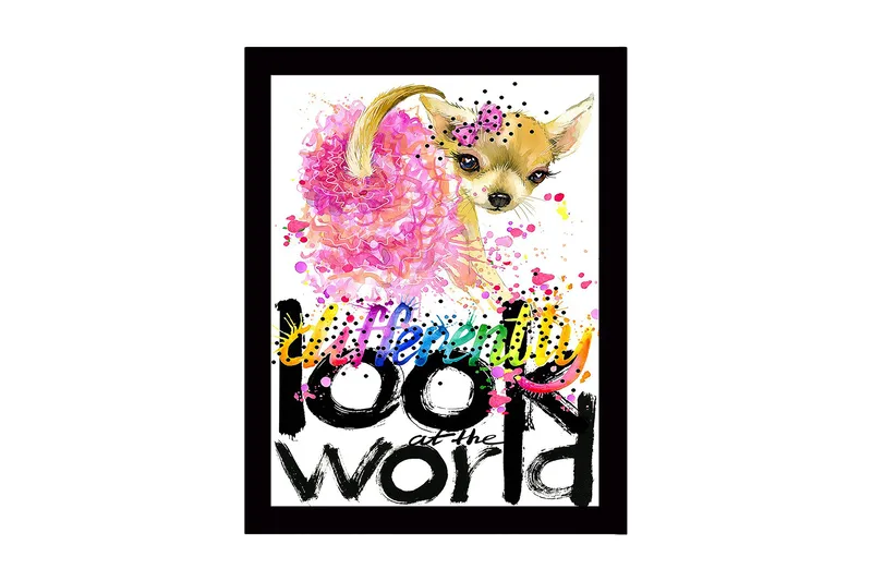 Inramad Canvastavla i trä - 41x56 cm - Söt chihuahua med färgglad bakgrund och inspirerande text, Rosa / Svart / Gult