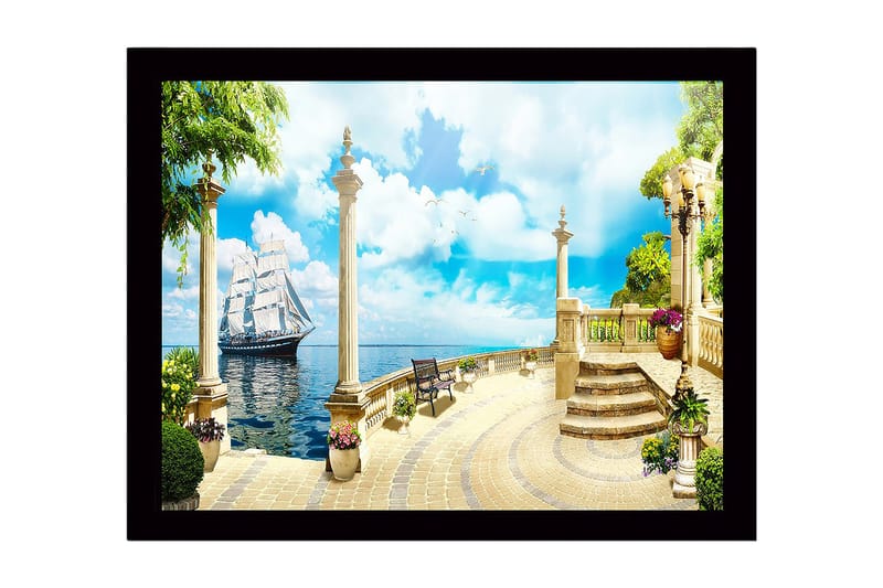 Inramad Canvastavla i trä - 41x56 cm - Segelbåt i en idyllisk hamn med pelare och grönskande omgivning, Blå / Grön / Beige