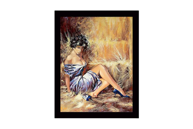 Inramad Canvastavla i trä - 41x56 cm - Sensuell kvinna i vit klänning med blå skor, Vit / Blå / Beige
