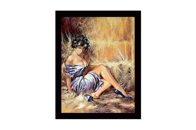 Inramad Canvastavla i trä - 41x56 cm - Sensuell kvinna i vit klänning med blå skor, Vit / Blå / Beige