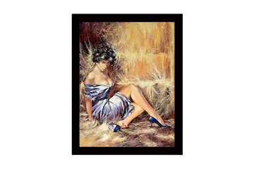 Inramad Canvastavla i trä - 41x56 cm - Sensuell kvinna i vit klänning med blå skor - Vit / Blå / Beige - Inredning - Tavlor & posters - Canvastavla