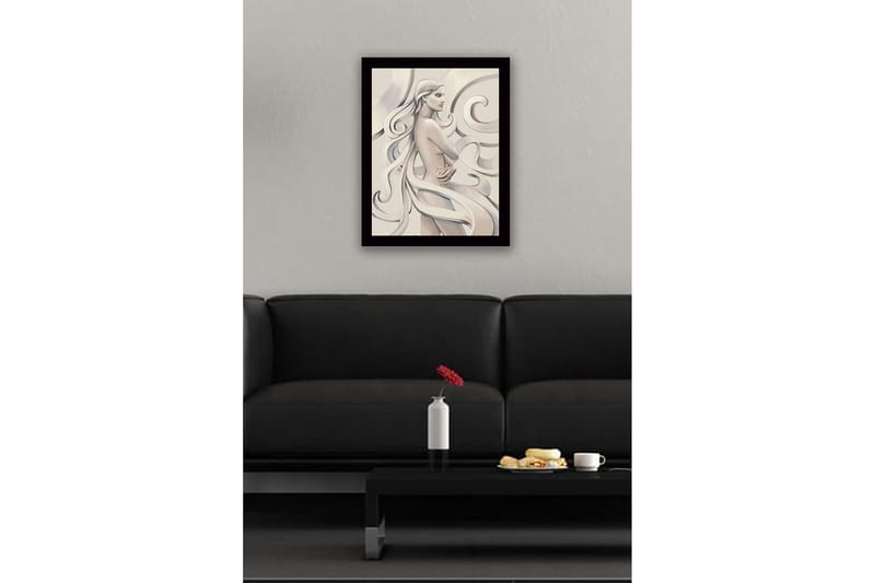 Inramad Canvastavla i trä - 41x56 cm - Sensuell kvinna med flödande hår och en ros i handen - Ljus beige / Grå / Vit - Inredning - Tavlor & posters - Canvastavla