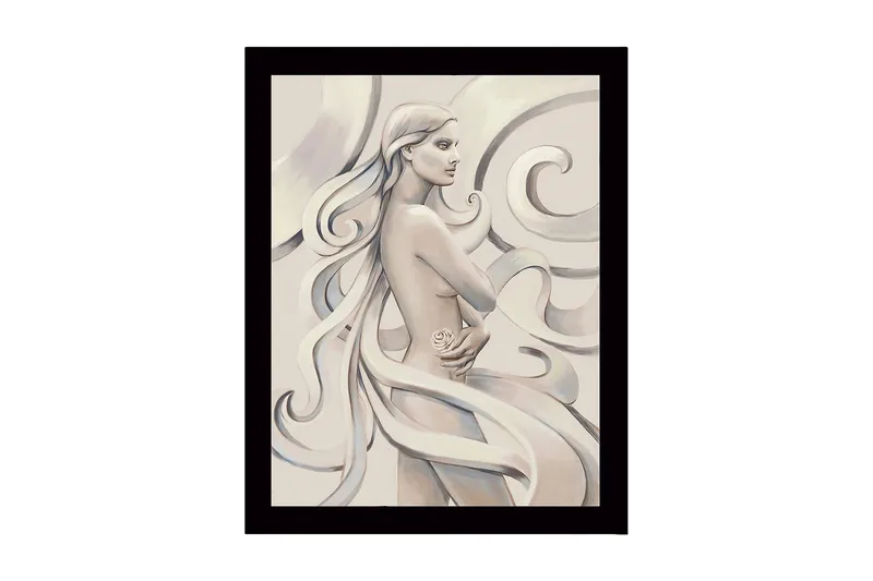 Inramad Canvastavla i trä - 41x56 cm - Sensuell kvinna med flödande hår och en ros i handen, Ljus beige / Grå / Vit
