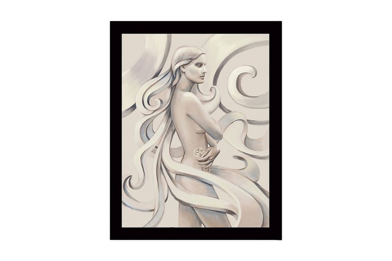 Inramad Canvastavla i trä - 41x56 cm - Sensuell kvinna med flödande hår och en ros i handen, Ljus beige / Grå / Vit
