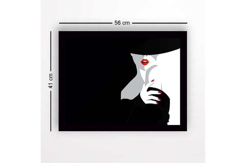 Inramad Canvastavla i trä - 41x56 cm - Sensuell kvinna med röd läppstift och svart hatt - Svart / Vit / Röd - Inredning - Tavlor & posters - Canvastavla