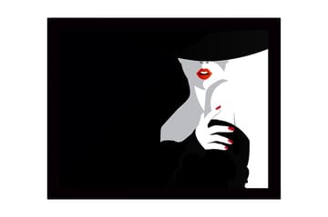 Inramad Canvastavla i trä - 41x56 cm - Sensuell kvinna med röd läppstift och svart hatt - Svart / Vit / Röd - Inredning - Tavlor & posters - Canvastavla