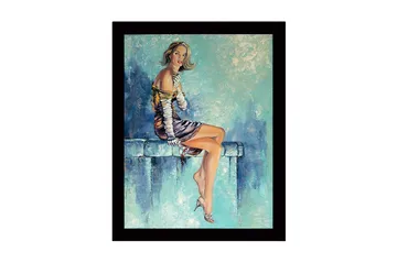 Inramad Canvastavla i trä - 41x56 cm - Sittande kvinna med eleganta kläder och en avslappnad pose - Blå / Hudton / Svart - Inredning - Tavlor & posters - Canvastavla