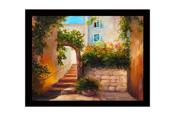 Inramad Canvastavla i trä - 41x56 cm - Solig gränd med blomstrande växter och stenlagda trappor - Grön / Orange / Beige - Inredning - Tavlor & posters - Canvastavla