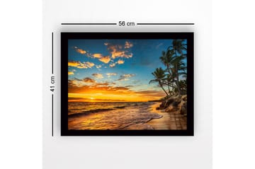 Inramad Canvastavla i trä - 41x56 cm - Solnedgång över en strand med palmer och vågor - Orange / Blå / Grön - Inredning - Tavlor & posters - Canvastavla