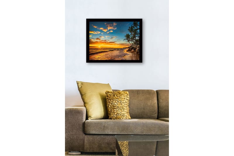 Inramad Canvastavla i trä - 41x56 cm - Solnedgång över en strand med palmer och vågor - Orange / Blå / Grön - Inredning - Tavlor & posters - Canvastavla