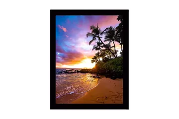 Inramad Canvastavla i trä - 41x56 cm - Solnedgång över en tropisk strand med palmer och glittrande vatten - Lila / Orange / Grön - Inredning - Tavlor & posters - Canvastavla